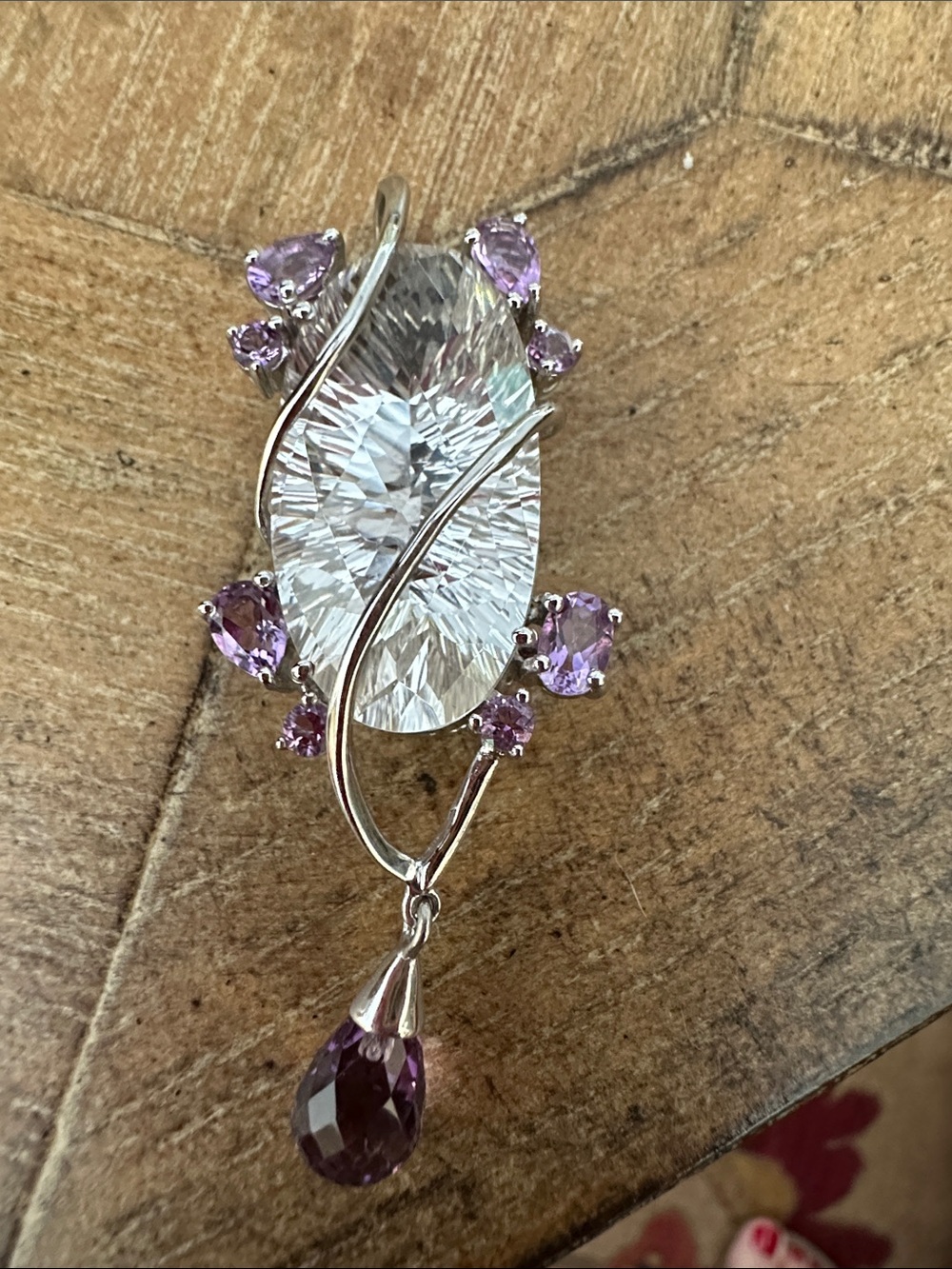 Sterling Pendant with Clear Marquise Crystal and Purple Gem Accents